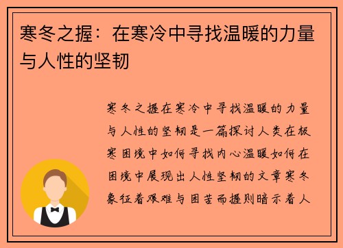 寒冬之握：在寒冷中寻找温暖的力量与人性的坚韧